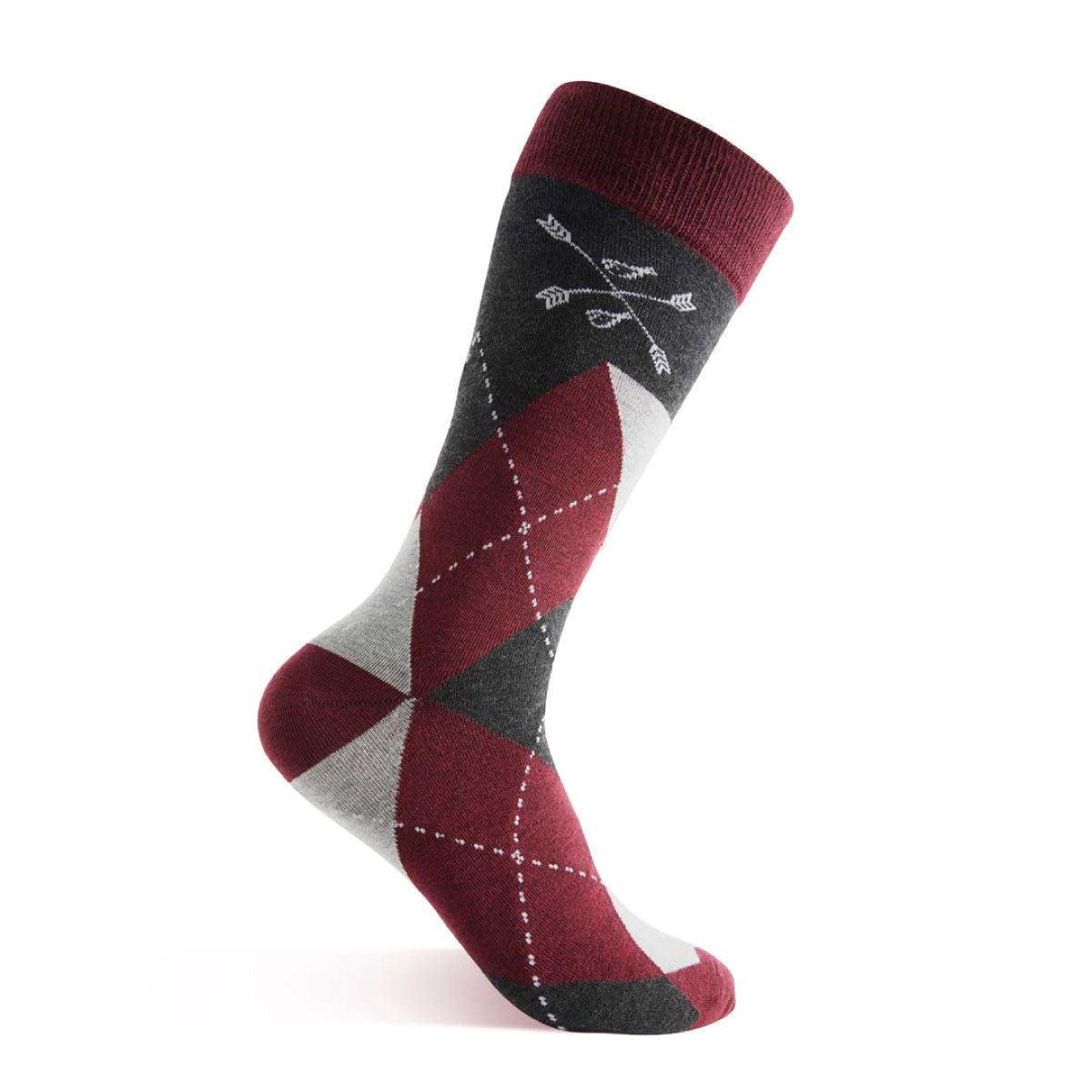 Red, charcoal, grey, and white argyle men's dress sock.