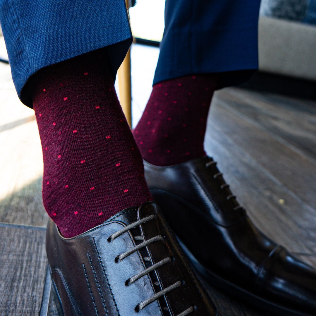 deep red sock with candy red micro squares