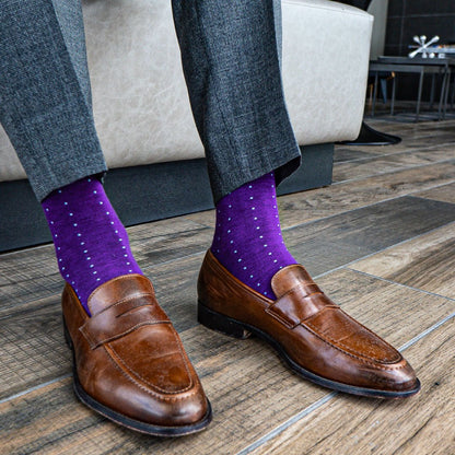 rich purple men's dress sock with blue micro dots