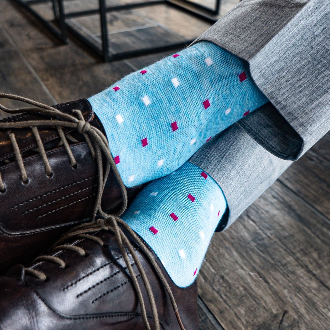 sky blue men's dress sock with magenta and white micro-squares
