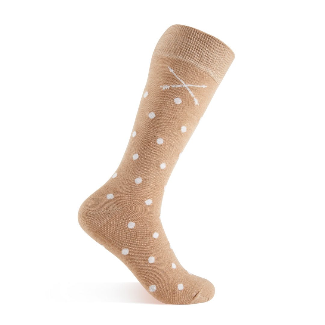 Tan men's dress socks with white polka dots