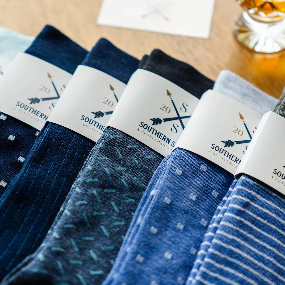 Close-up of the six Blue Bundle socks and their labels