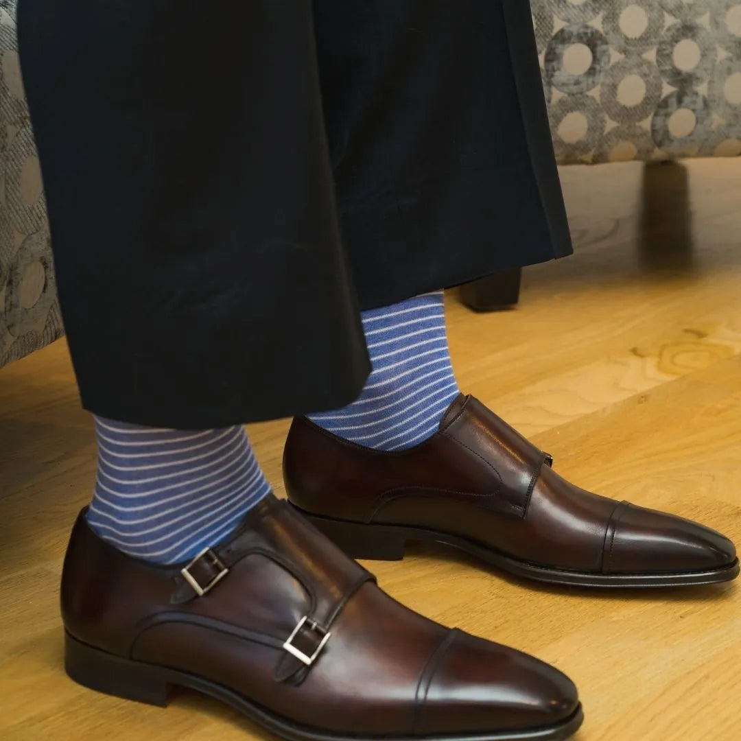 Navy trousers with brown double monk straps and The Hamptons sock from the Blue Bundle